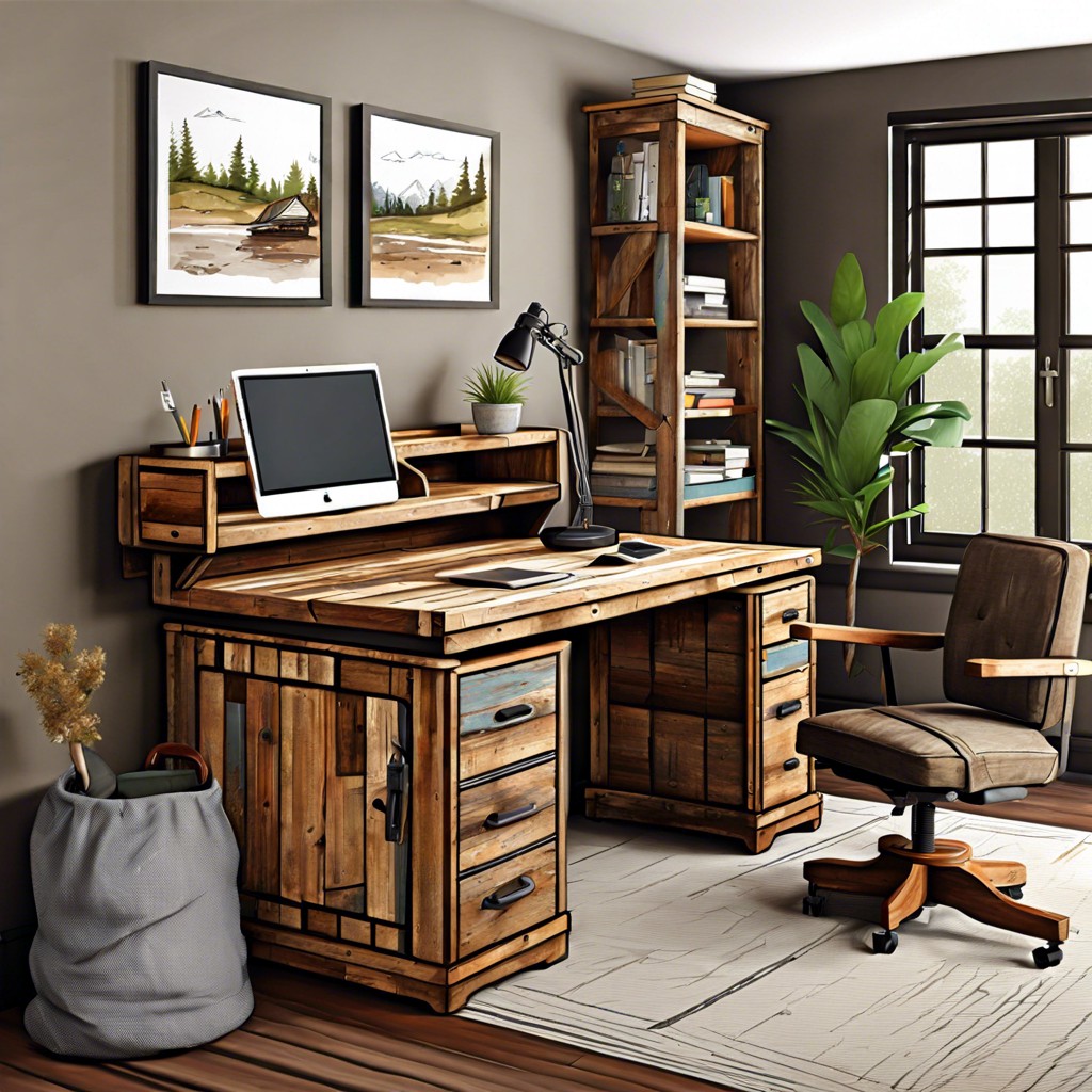 rustic office with reclaimed wood furniture and cozy sofa bed