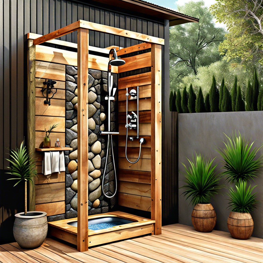 rustic outdoor shower with stone and wood features