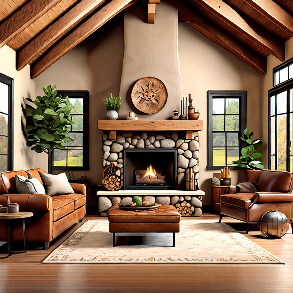 rustic retreat incorporate warm leathers and a stone fireplace