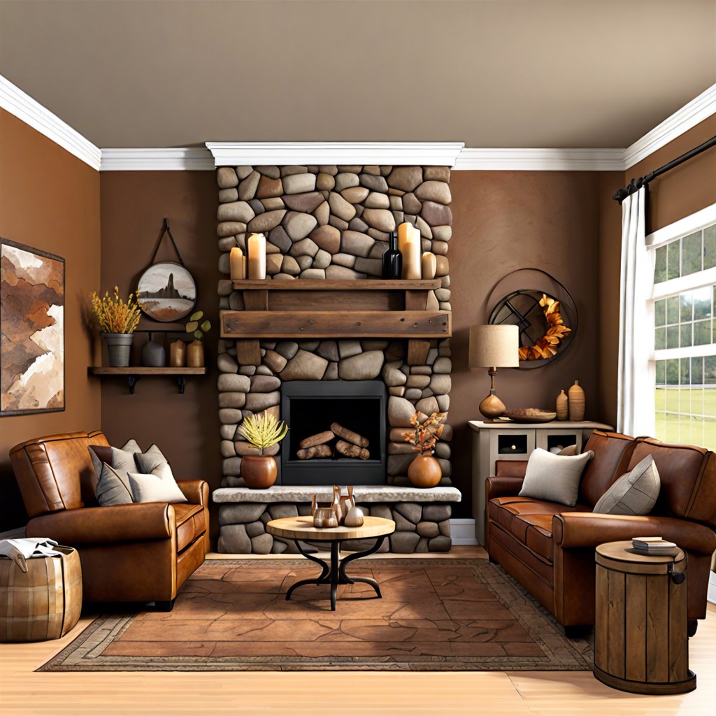 rustic retreat use a distressed leather sofa with warm earthy tones and a stone fireplace