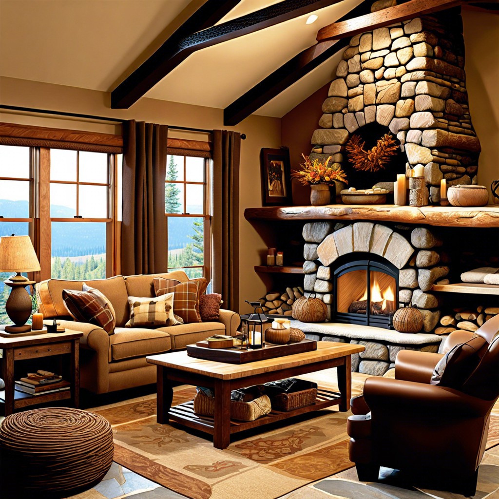 rustic retreat use warm earth tones a stone fireplace and rugged wood furniture with the couch