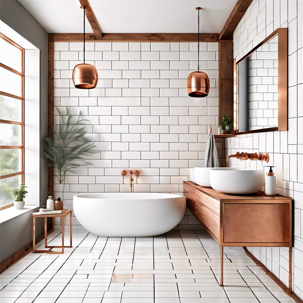 rustic retreat white tiles with wooden accents and copper fixtures