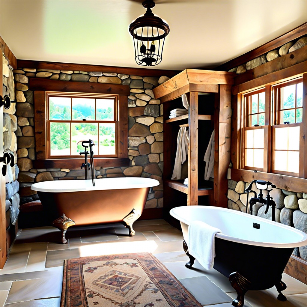 rustic retreat with a clawfoot tub inside a stone lined shower complete with a skylight