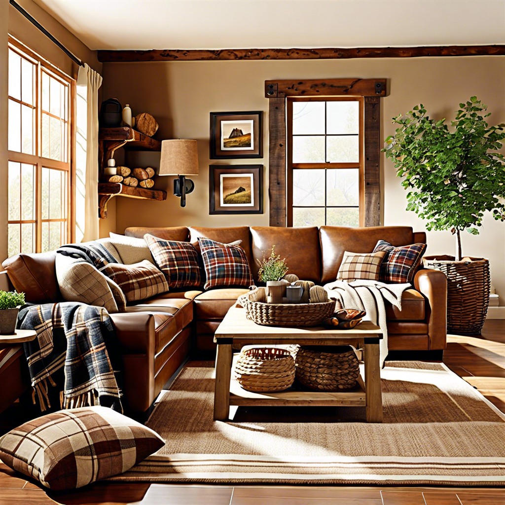 rustic sectional with plaid throw blankets