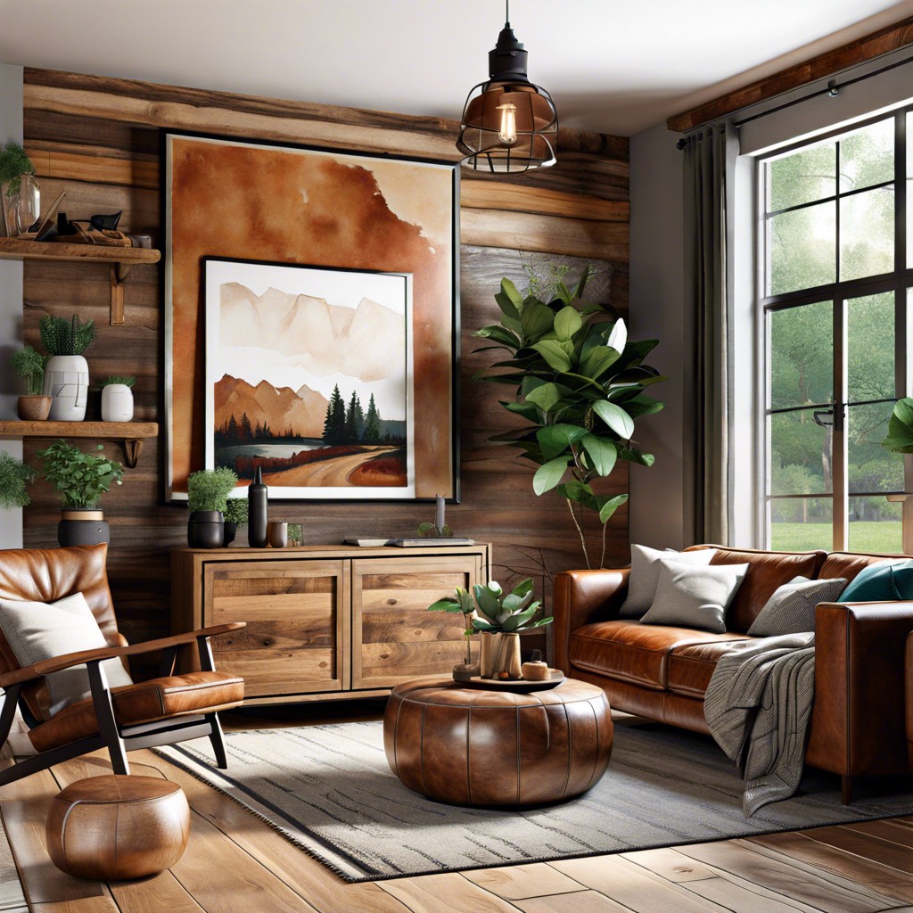 rustic style with a leather corner sofa and natural wood accents