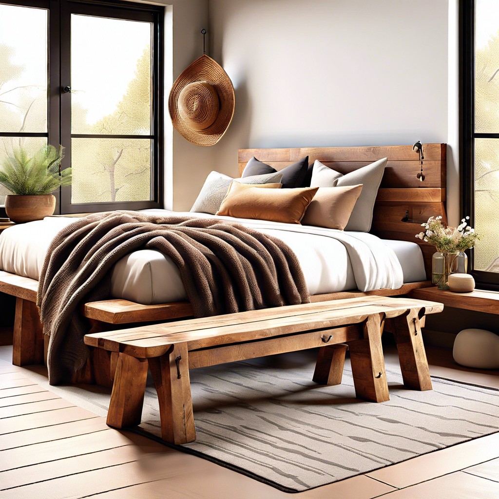 rustic wooden bench with plush throw pillows