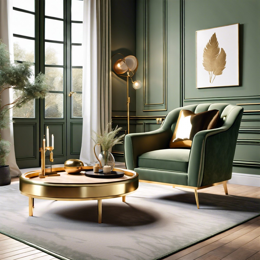 sage green armchair with gold accents