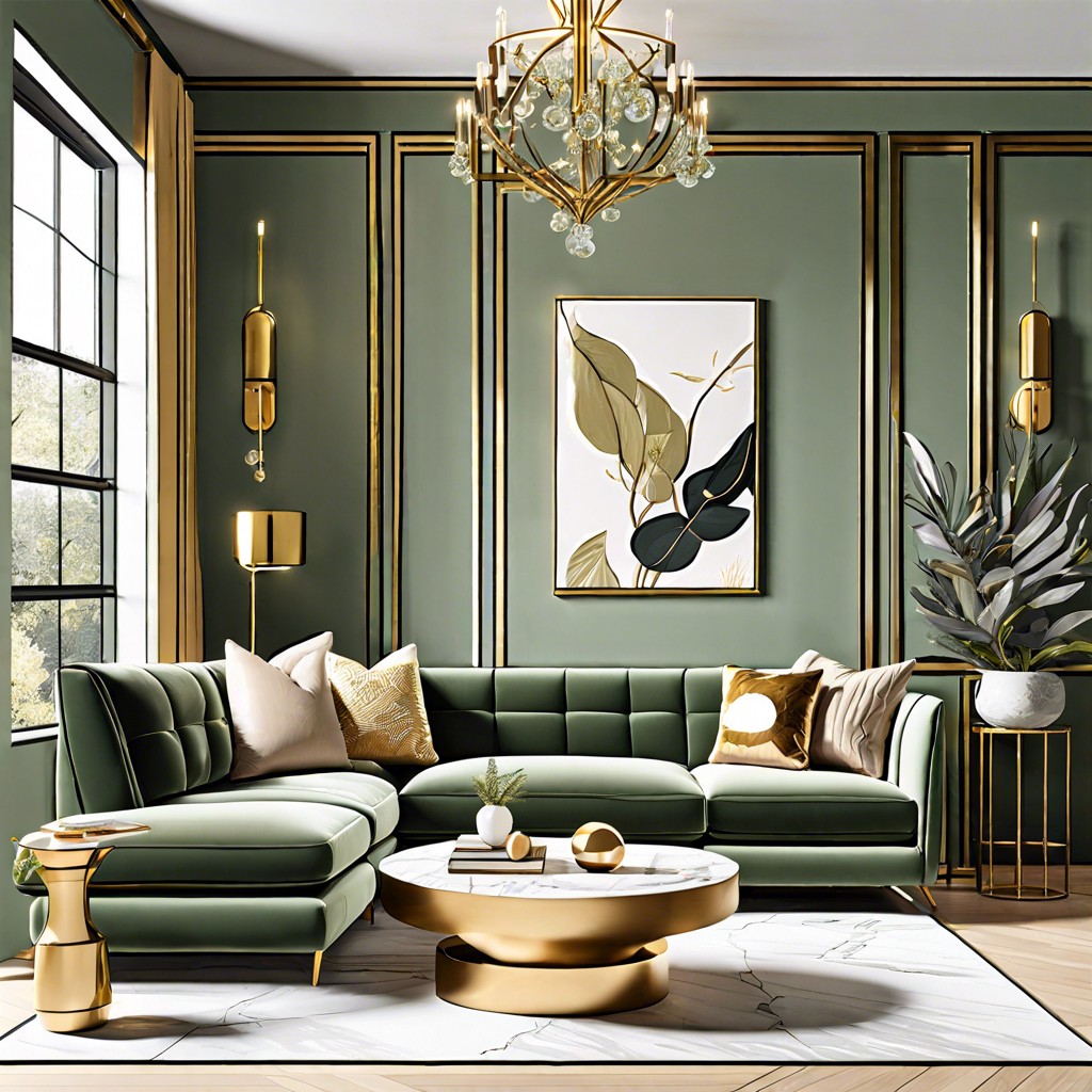 sage green couch paired with gold fixtures