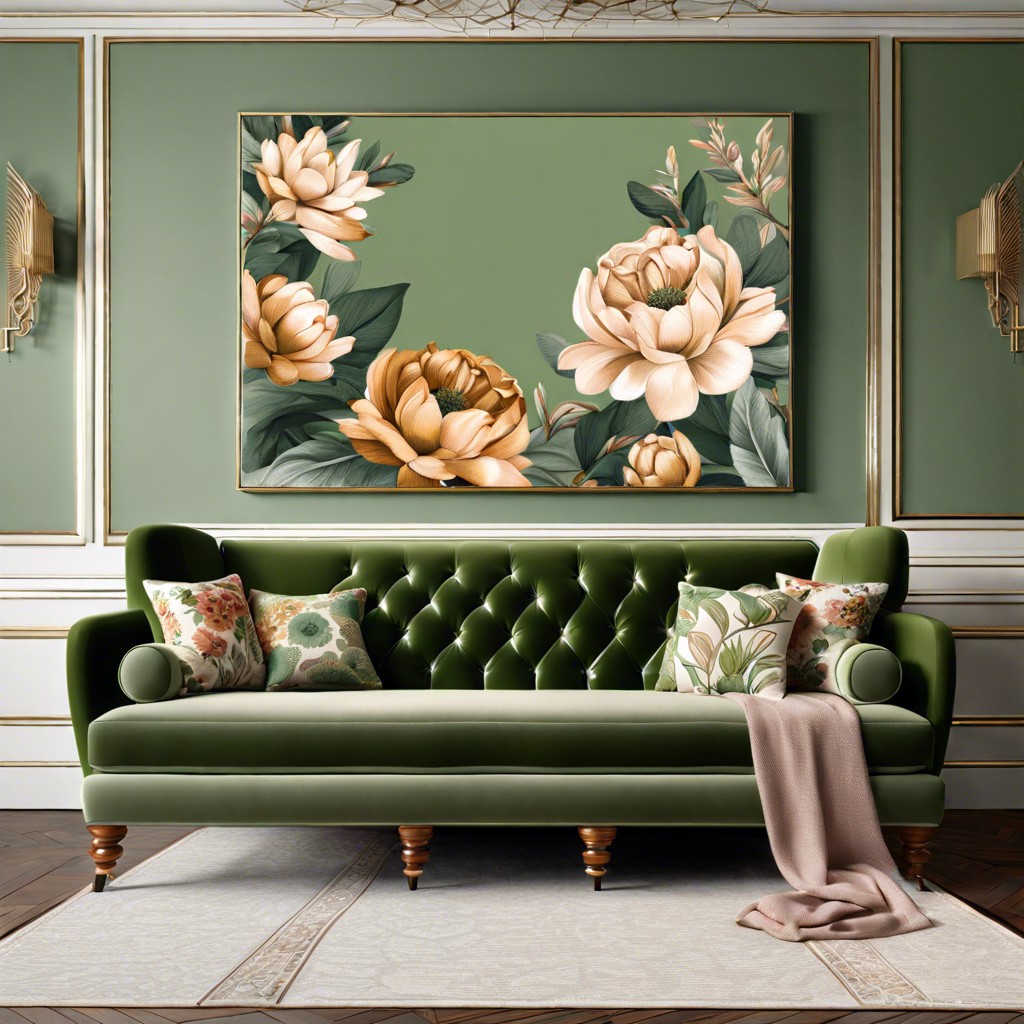 sage green couch with floral prints