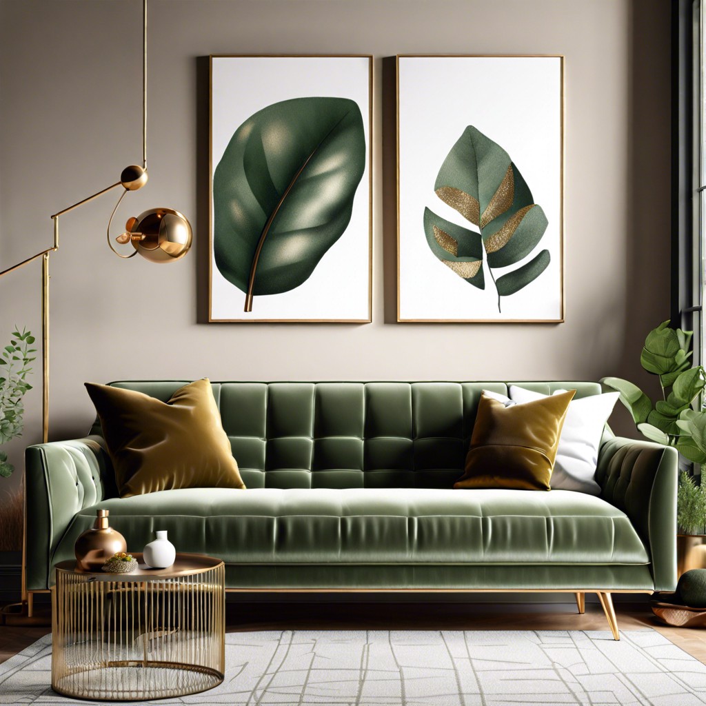 sage green couch with metallic accents