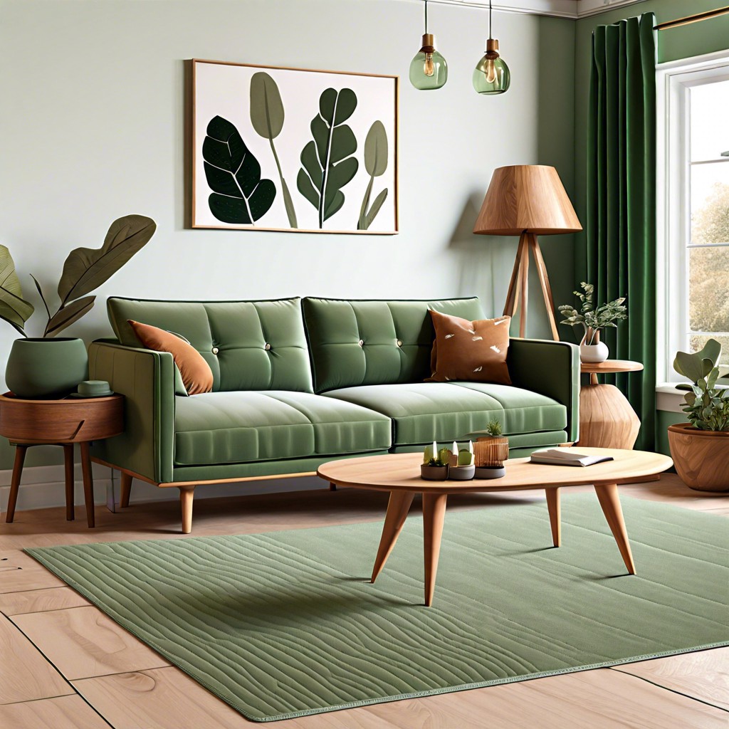 sage green couch with wooden legs