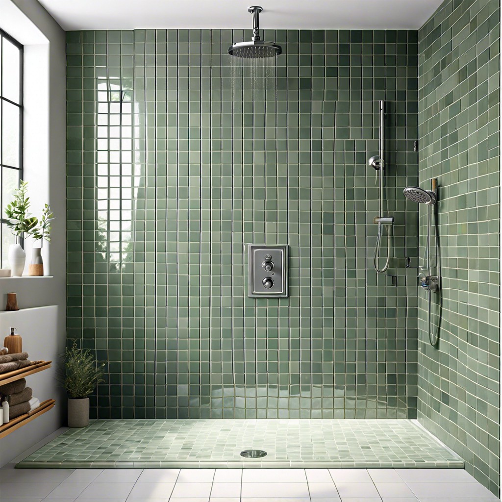 sage green mosaic shower wall