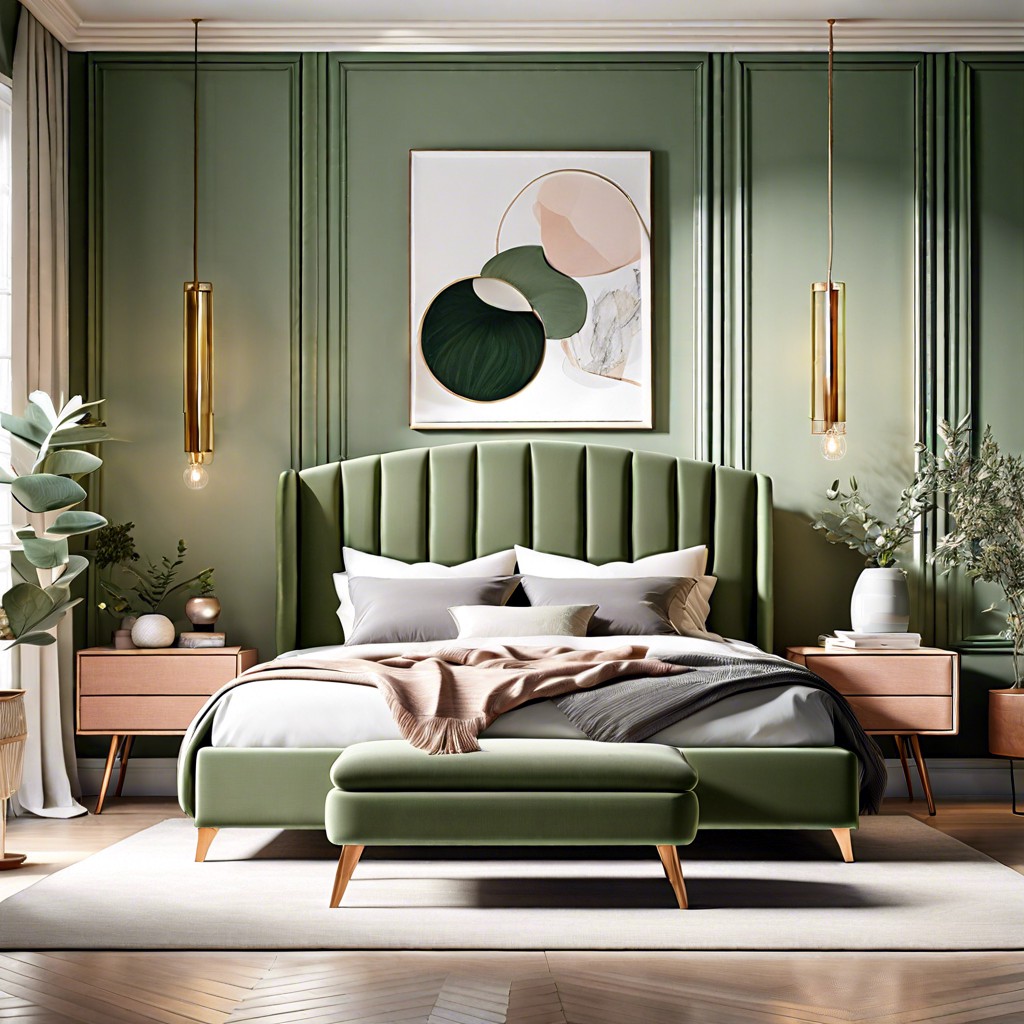 sage green upholstered bed frame