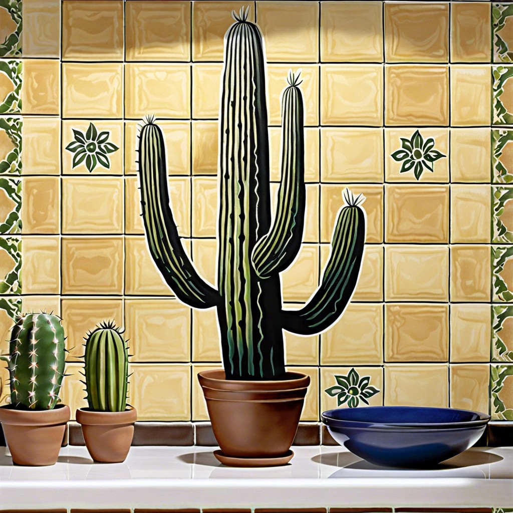 saguaro stencil tiles with stenciled saguaro cactus designs