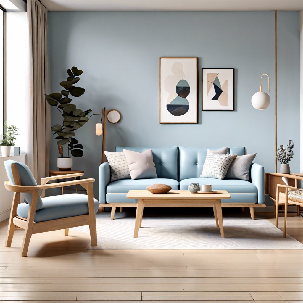 scandi minimalism match a light blue couch with clean lines light wood furniture and simple geometric patterns