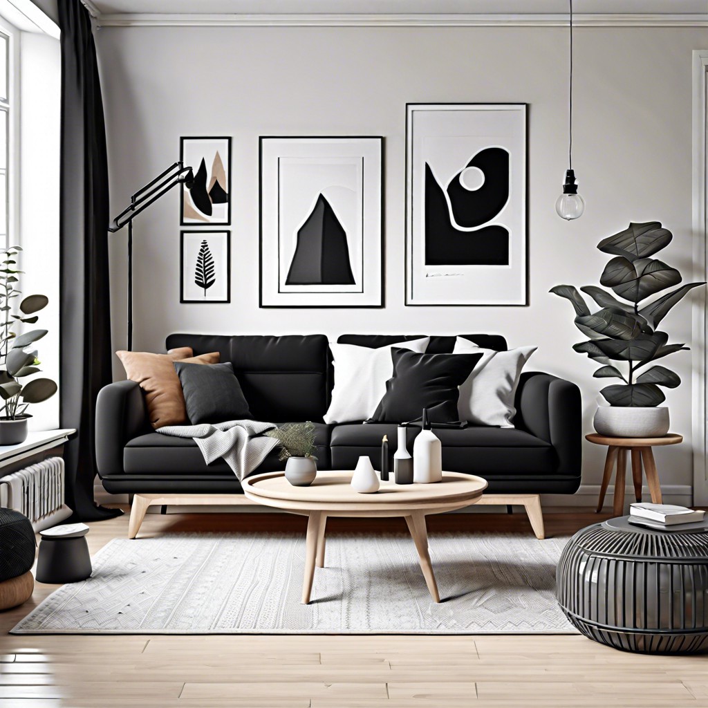 scandinavian cool blend the black couch with white clean surroundings and light wooden elements