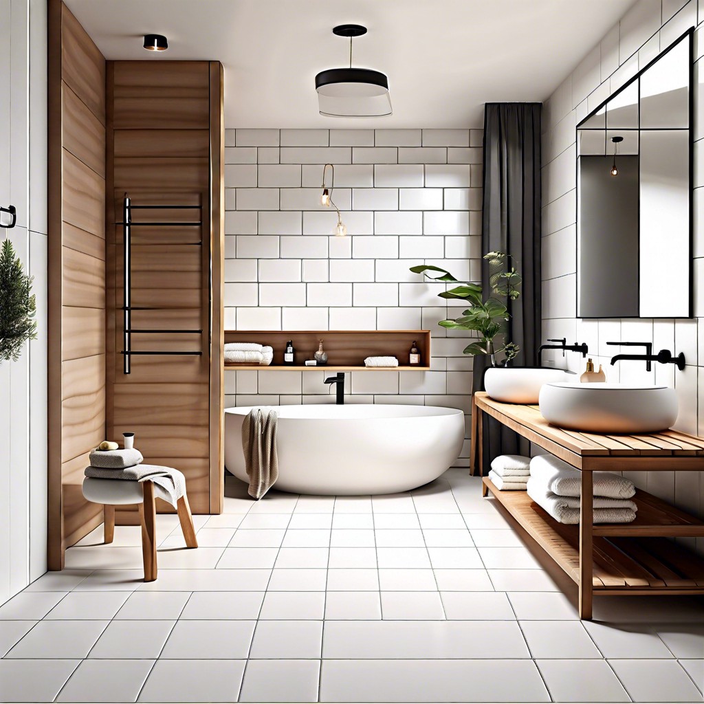 scandinavian simplicity matte white tiles with light wood and minimal decor