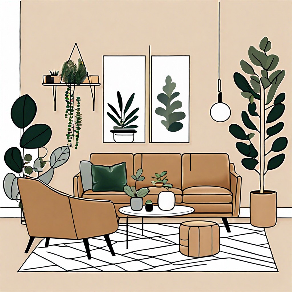 scandinavian simplicity pair a tan leather sofa with minimalist furniture and pops of greenery