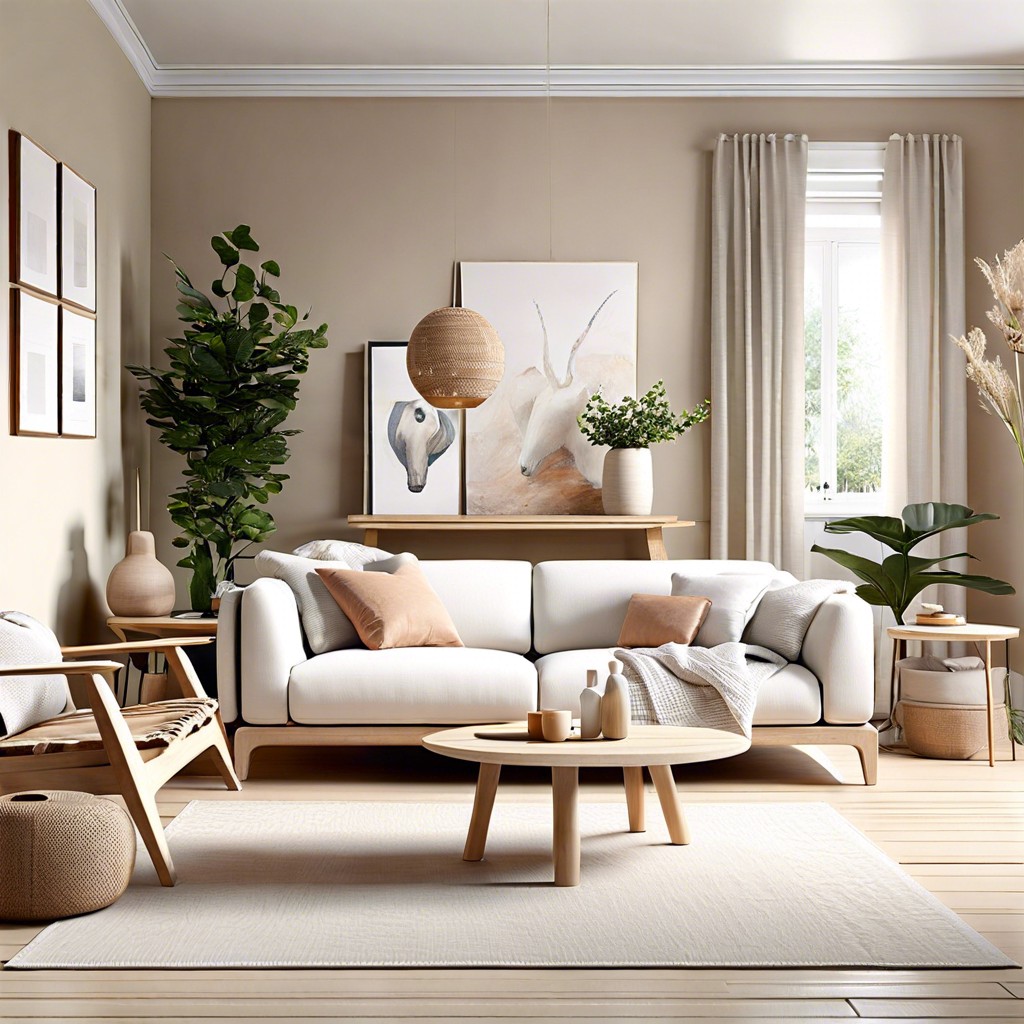 scandinavian simplicity pairing a white couch with light woods and muted colors