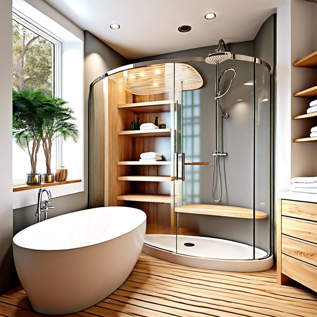 scandinavian simplicity with a white oval tub and light wood accents inside a glass shower