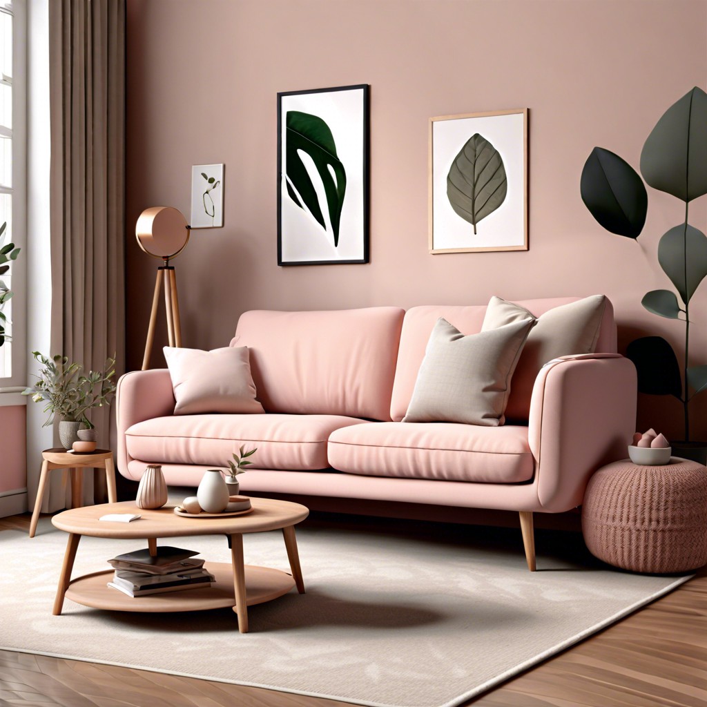 scandinavian style blush pink sofa with wooden legs