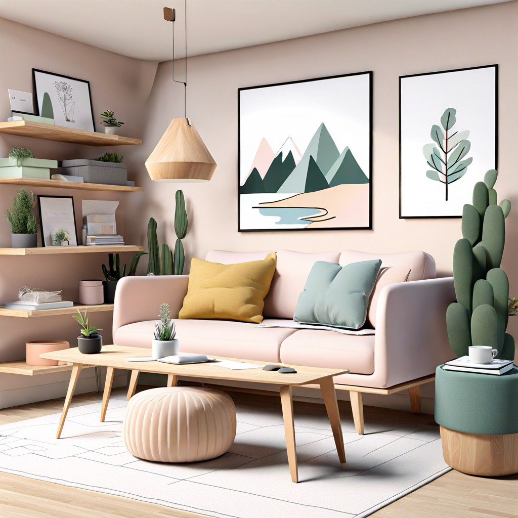 scandinavian theme with wooden elements and a pastel sofa bed