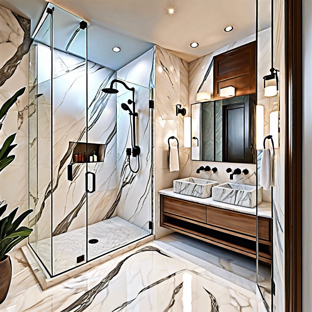 sculptural marble elements like curving walls or a circular shower