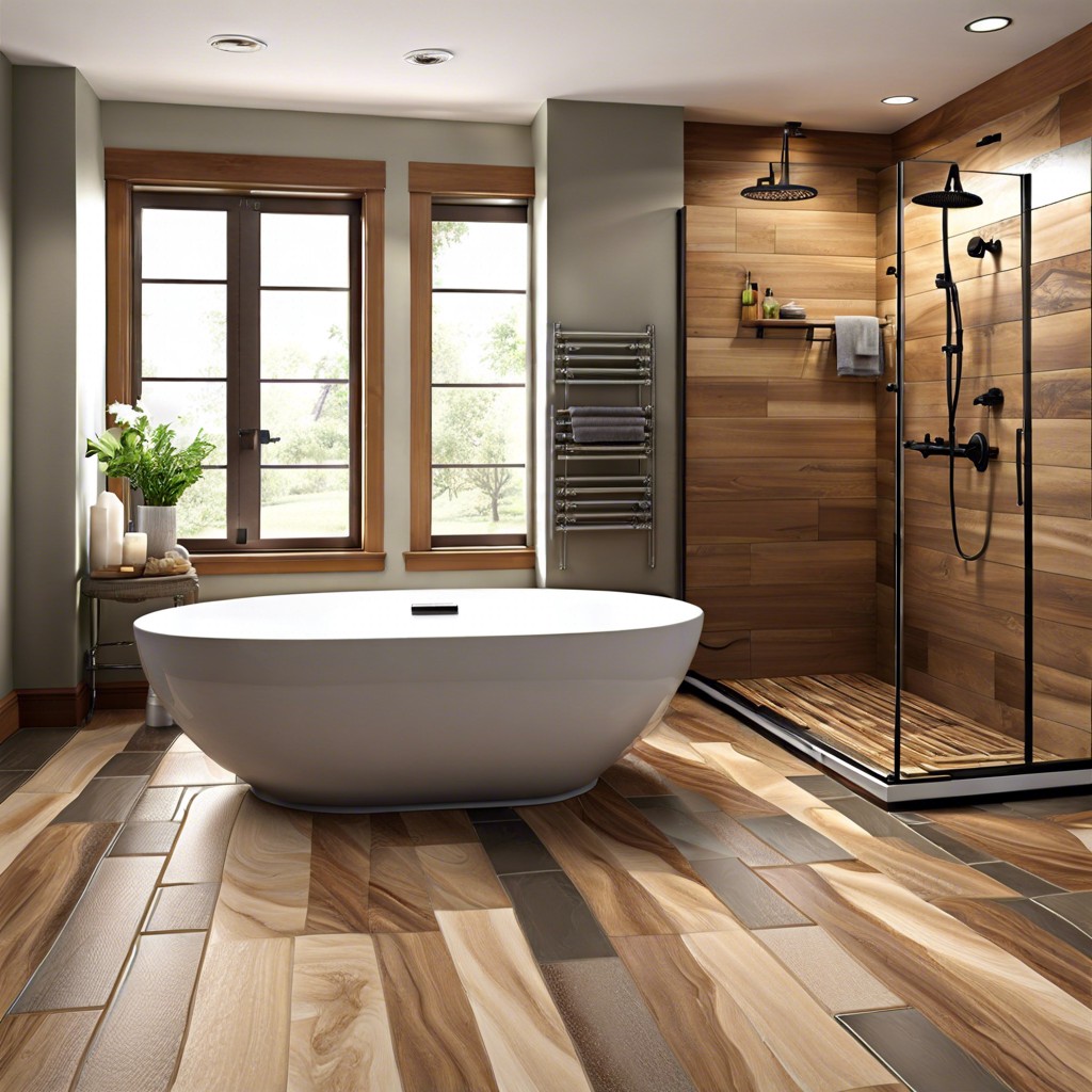 seamless transition from wood tile floor to shower tile