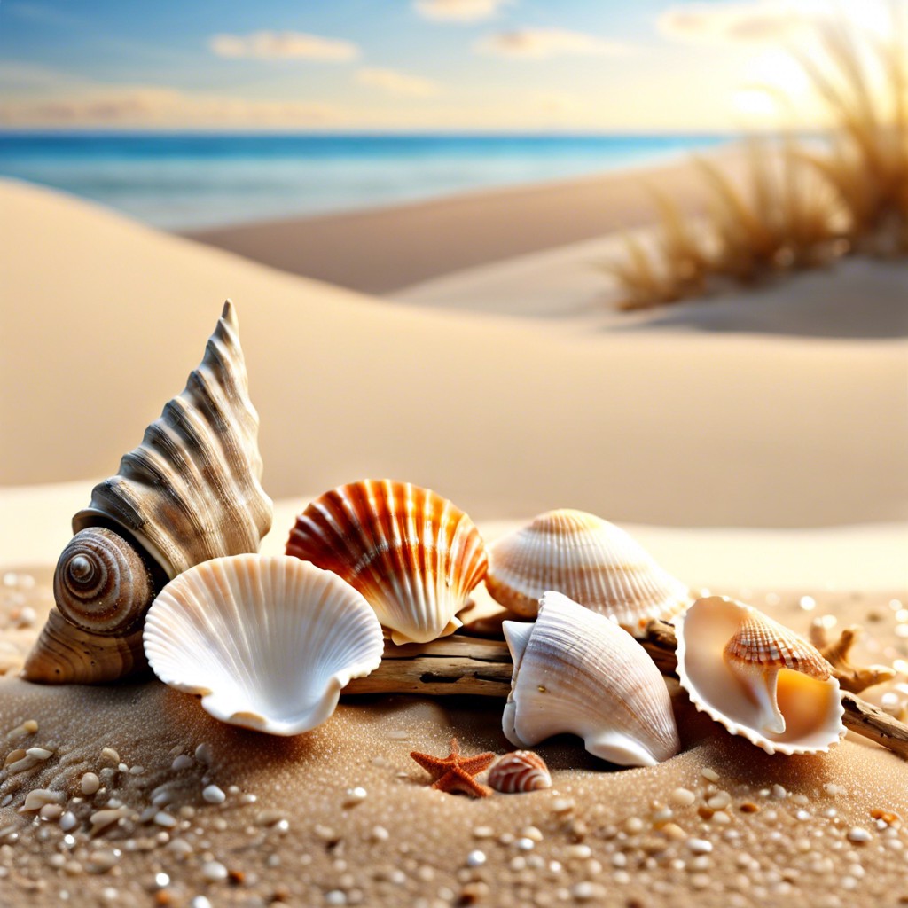 seashells and driftwood on sand