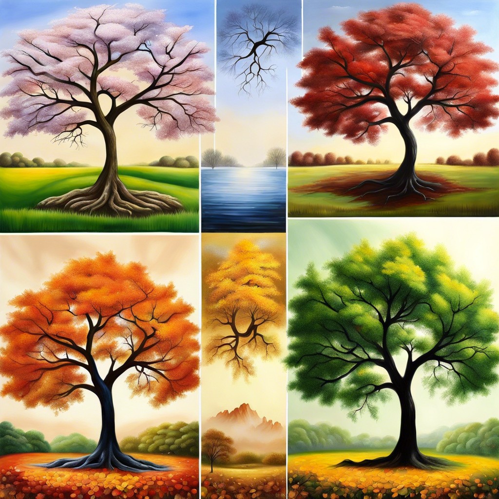 seasons series four small paintings each representing a tree in a different season