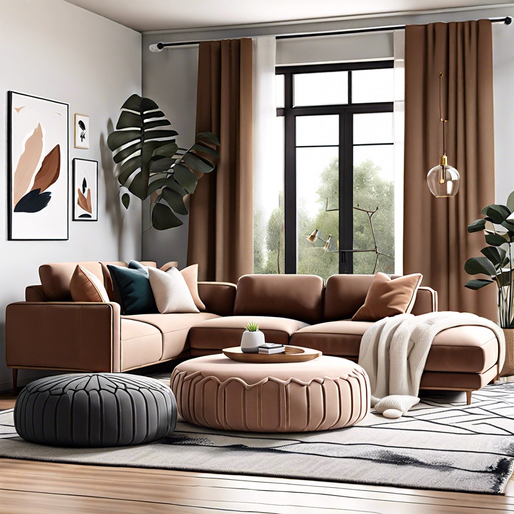 sectional with a plush rug and poufs