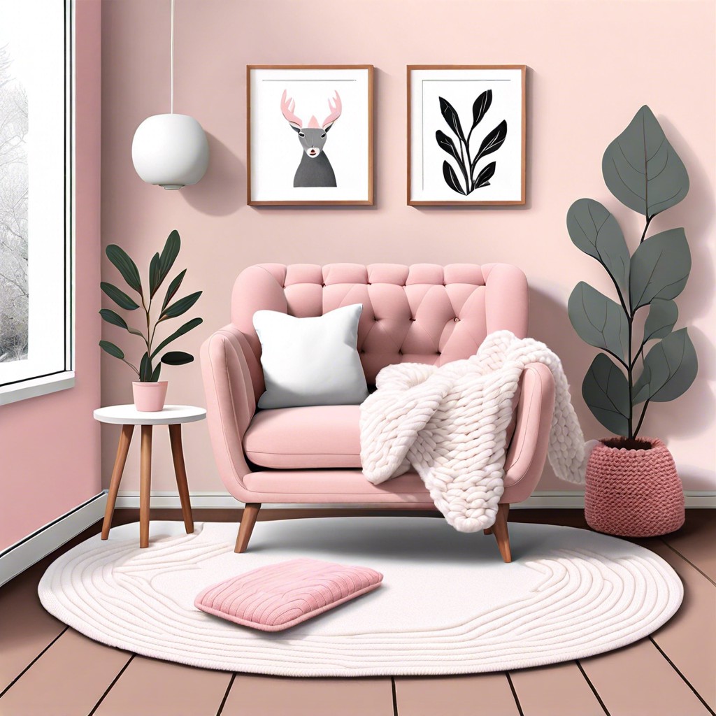 set up a cozy nook with a small pink loveseat fluffy white pillows and a knit throw