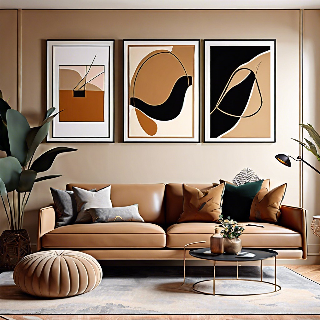 set up a gallery wall above the sofa featuring abstract and modern art