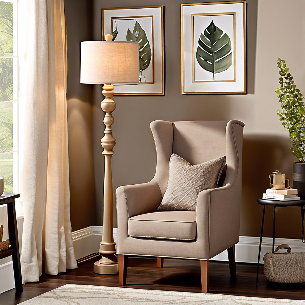 set up a reading nook with a taupe armchair and a floor lamp
