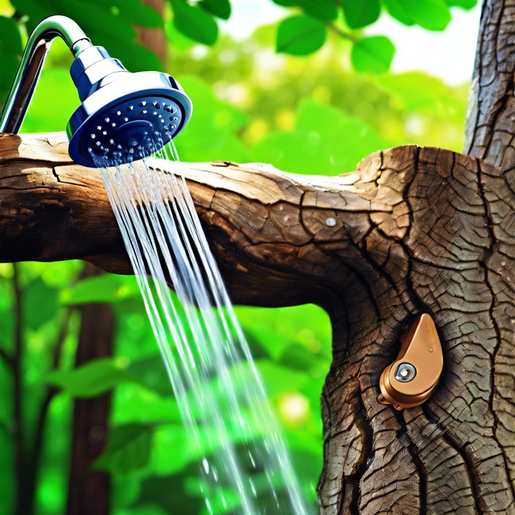 shower head positioned over a large hollowed out tree trunk base