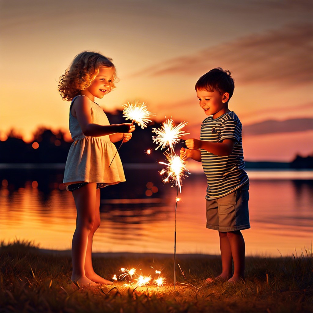 silhouette of children holding sparklers at sunset