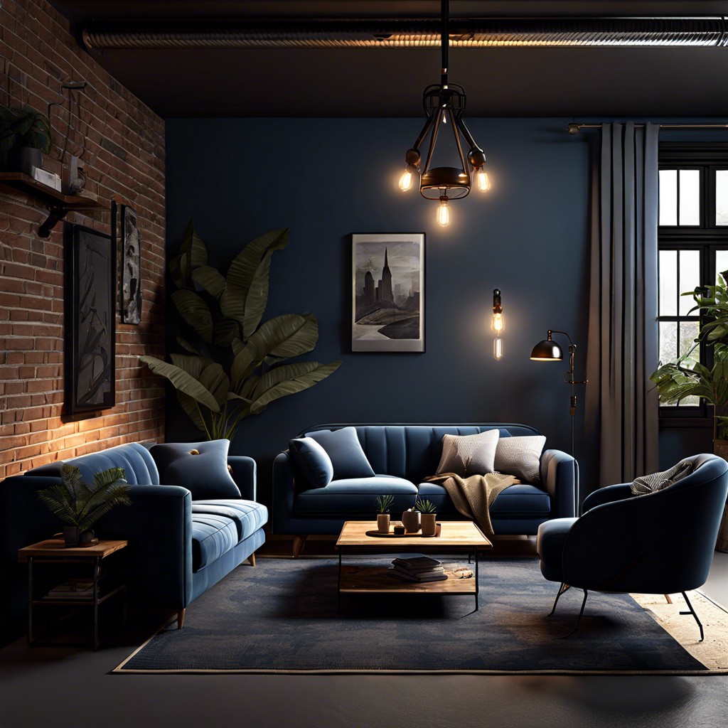 smoky blue couch with industrial lighting