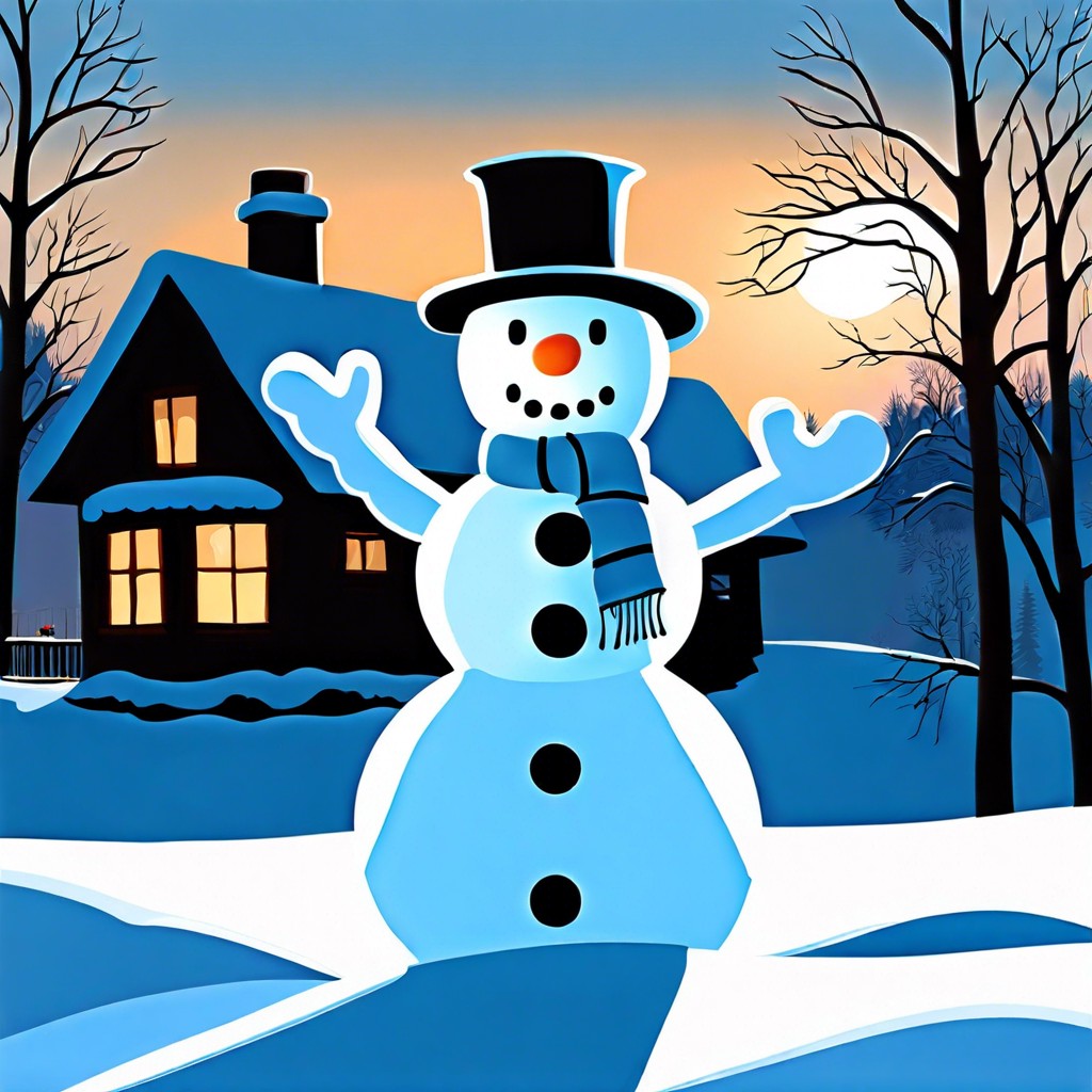 snowman at dusk shadowy with a light blue hue