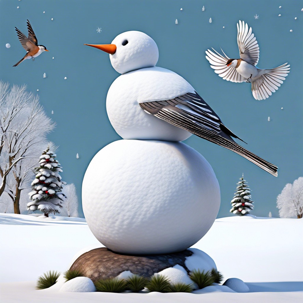 snowman with birds perched on its arms