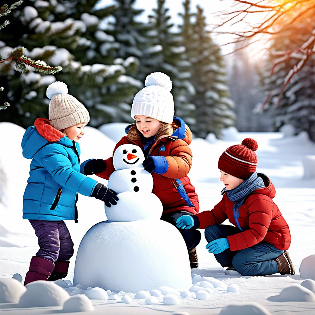 snowman with children building him simple stick figures