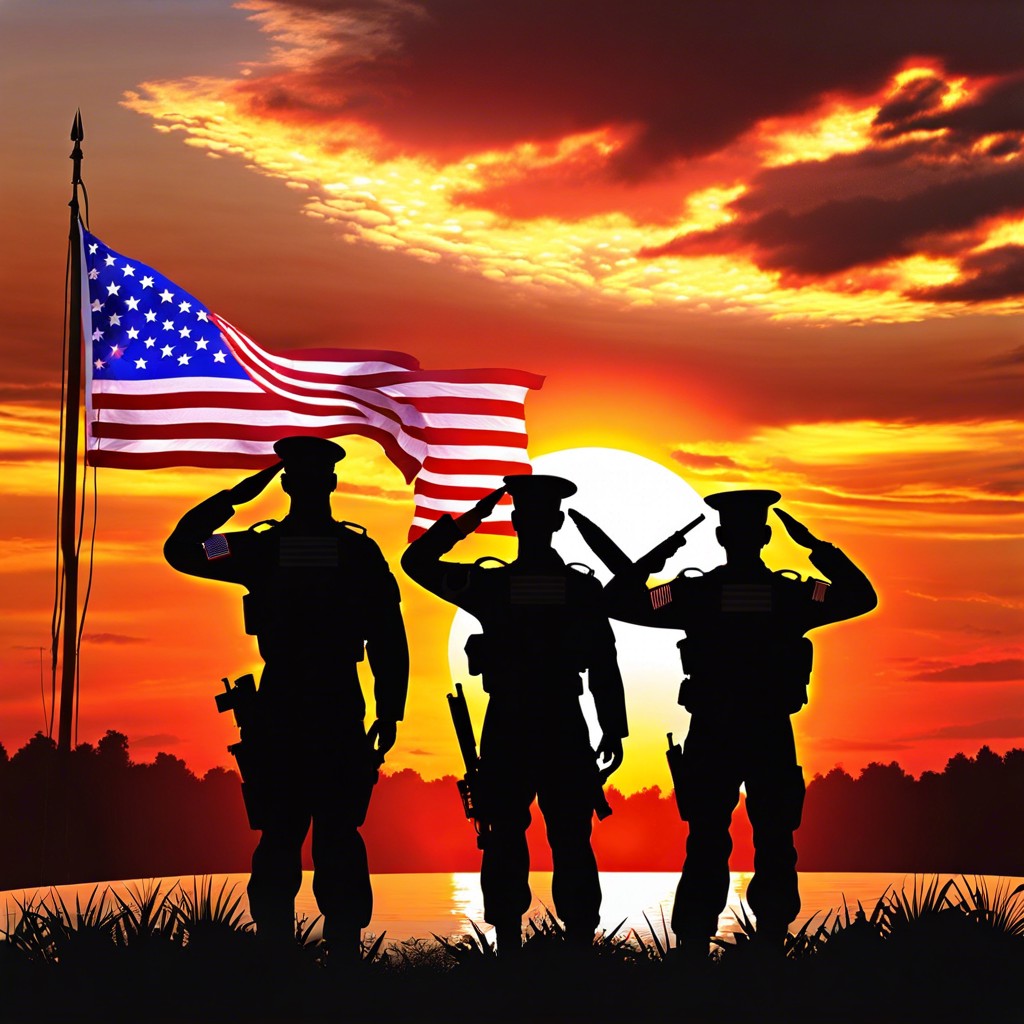 soldiers saluting with a sunset backdrop