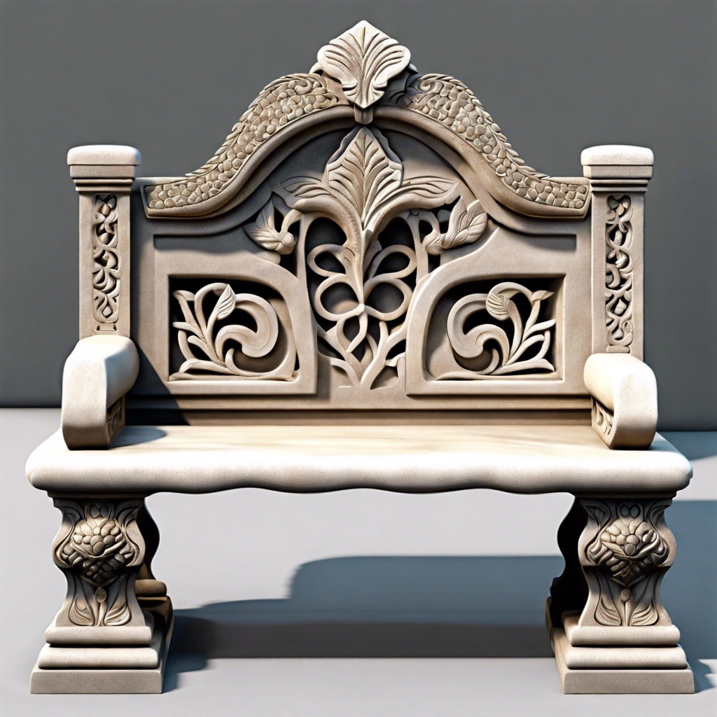 solid stone bench with carved details