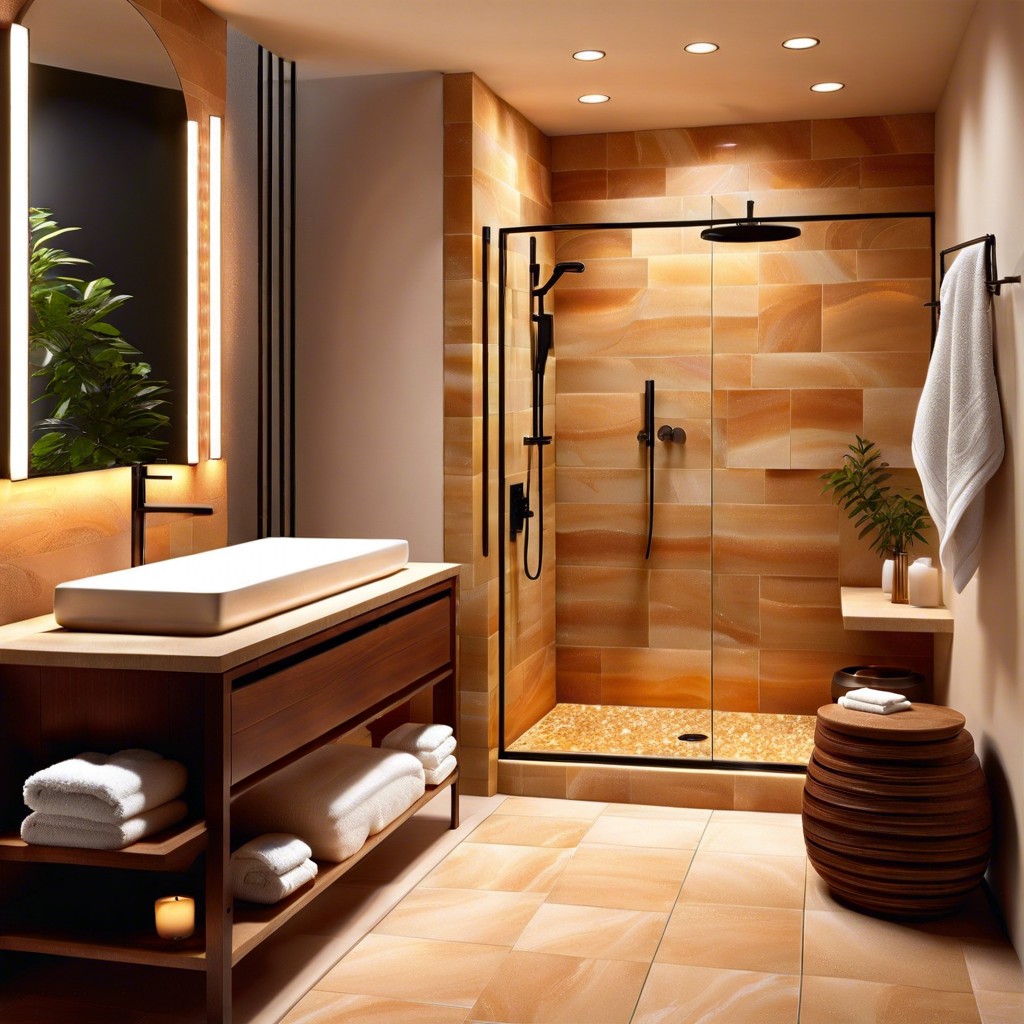 spa inspired shower with diffused amber lighting and sandstone tiles