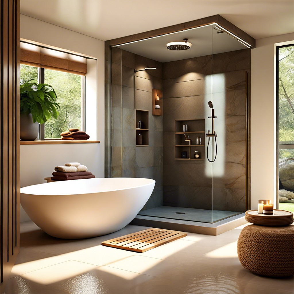 spa like serenity using a stone resin tub inside a zen like shower space with hidden lighting