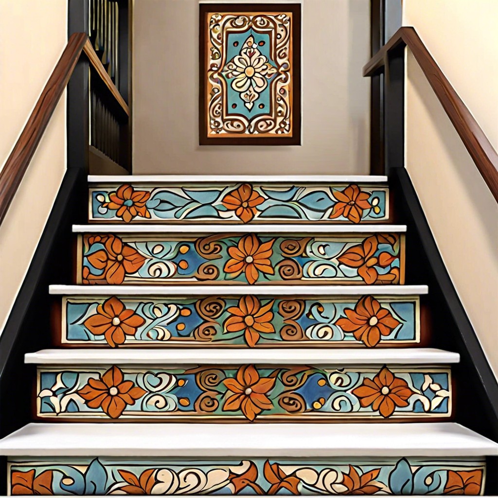 stair riser accents with hand painted tiles