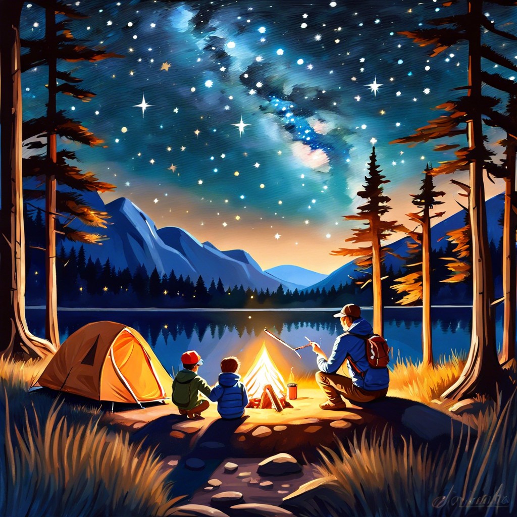 starry night camp dad and child camping under a star filled sky