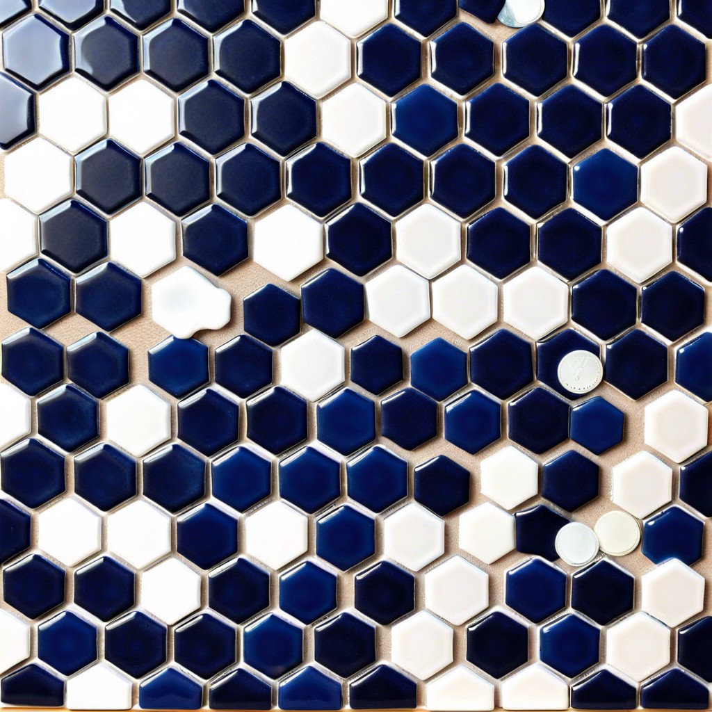 starry night create a constellation pattern using navy and white penny tiles