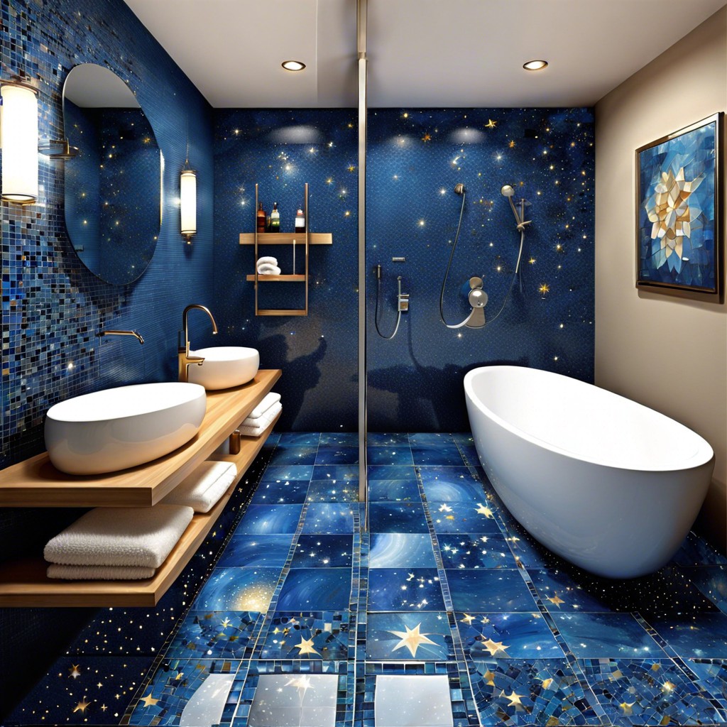 starry night mosaic dark blue tiles with small light blue accents creating a starry effect