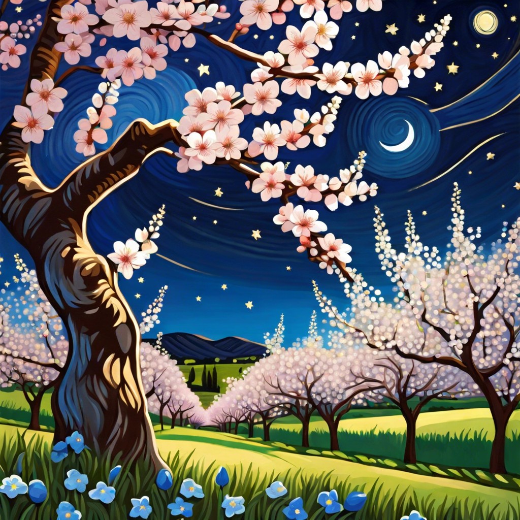 starry night over blooming orchard