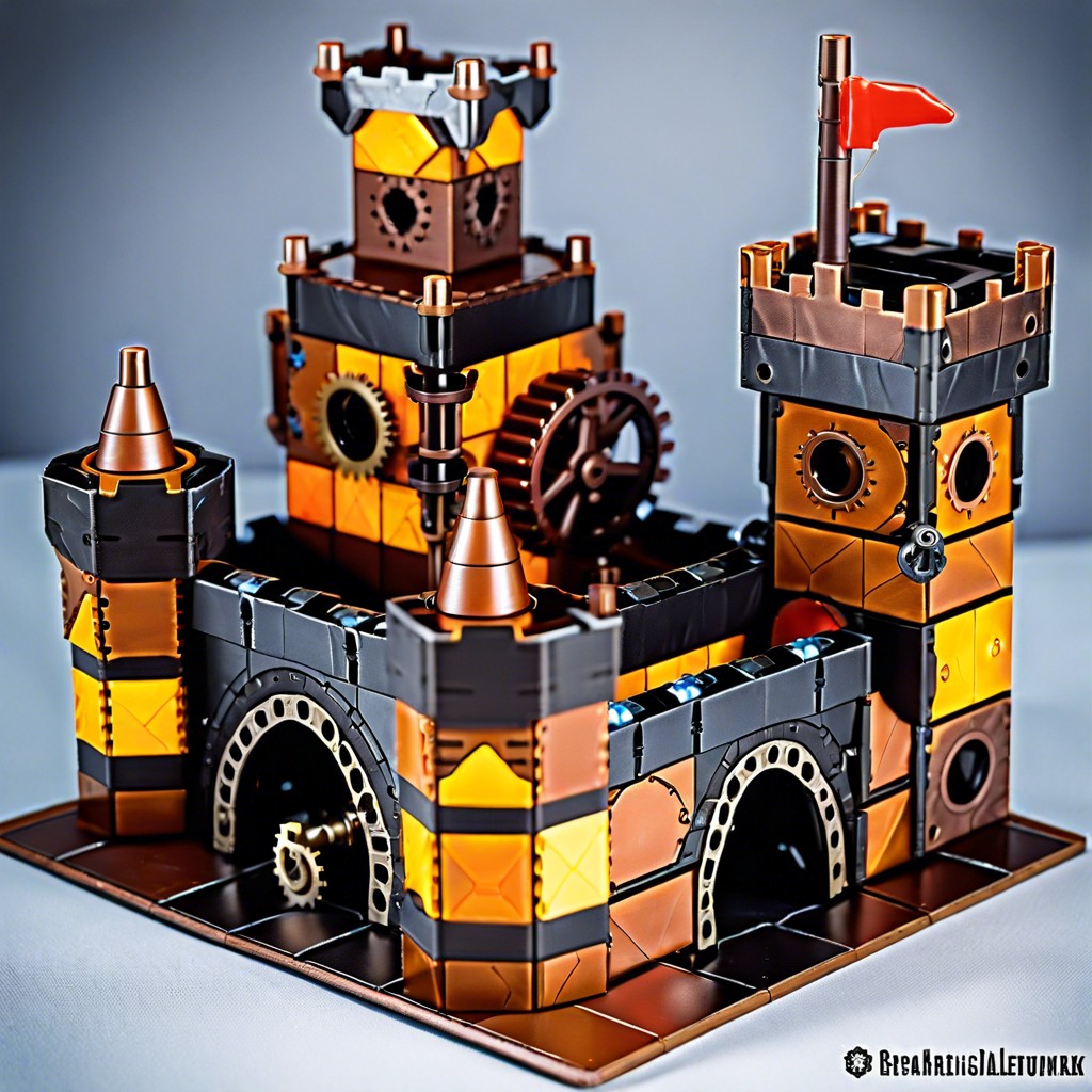 steampunk castle with gears and pipes